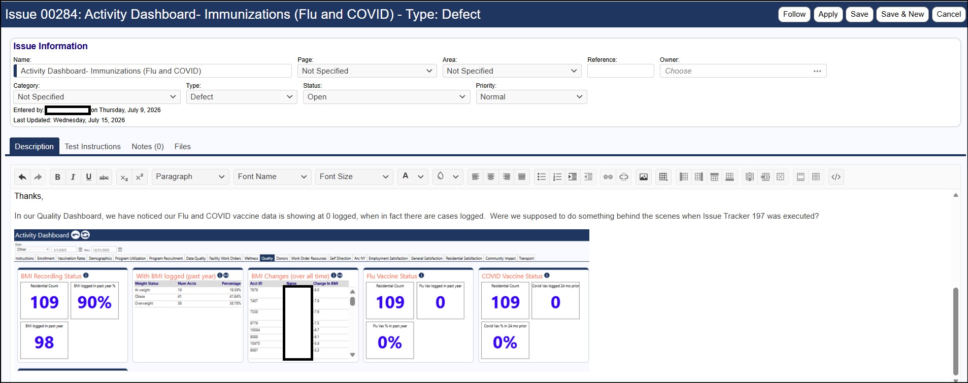 Example of Issue Tracker Defect